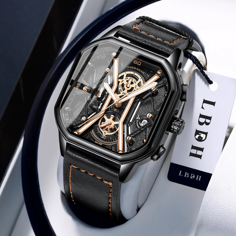 Montre Carré Luxe or et noir en cuir sur présentoir