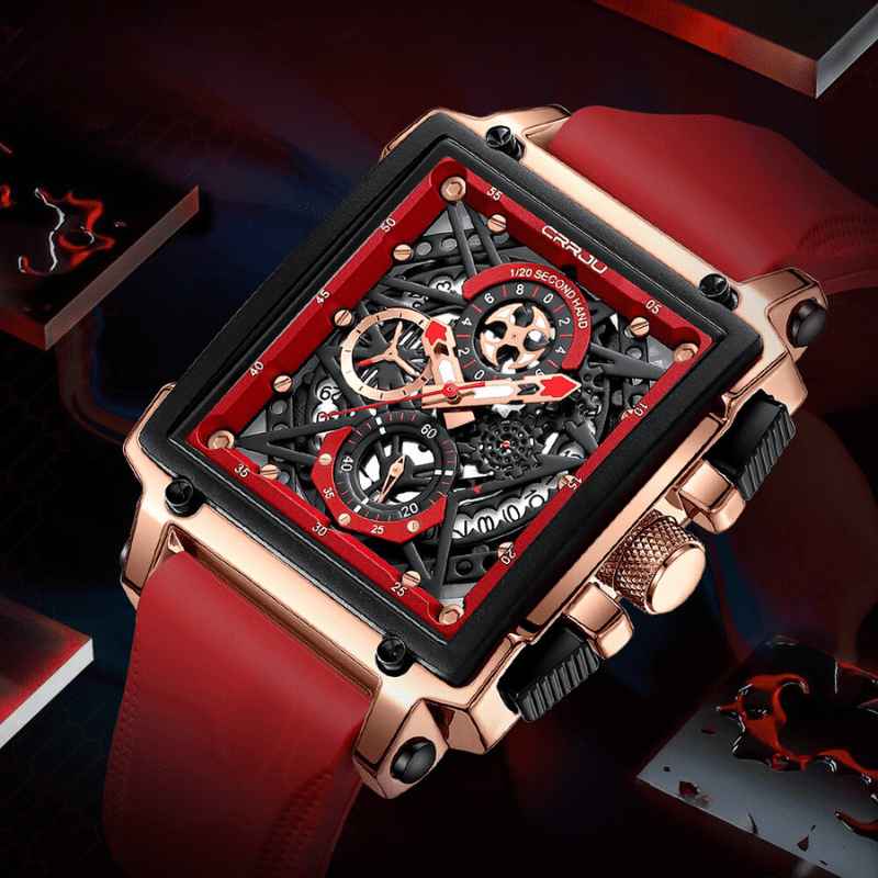 Montre Chronographe Squelette Carrée rouge 