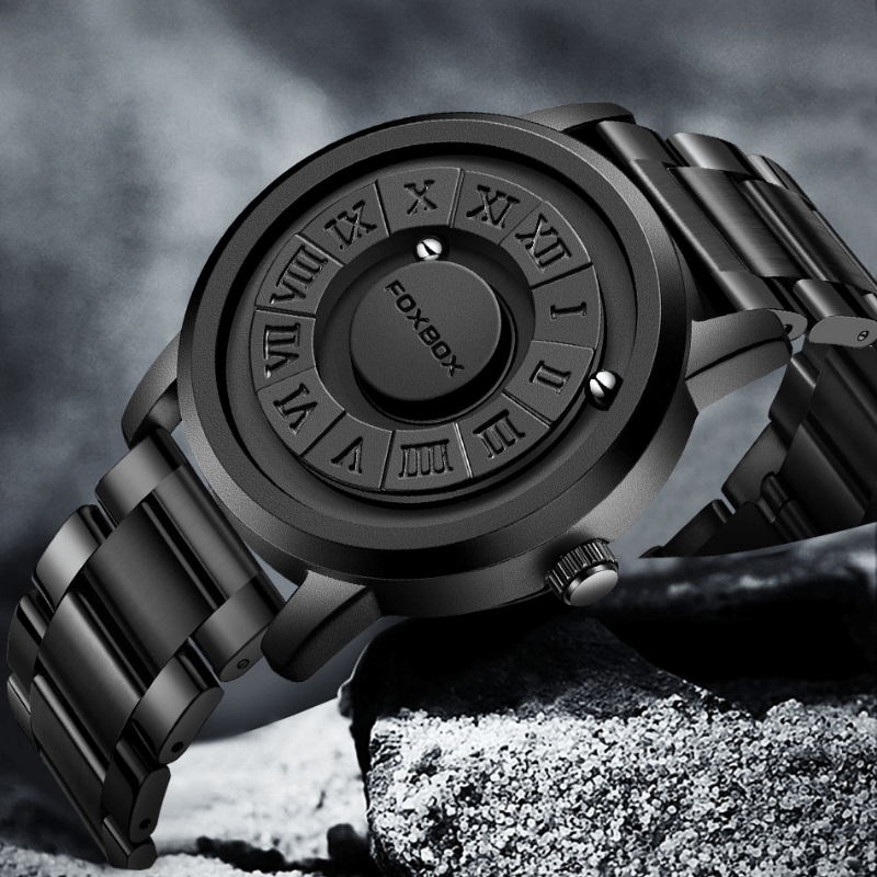 Montre Magnétique - Bracelet Cuir ou Acier acier noir posée