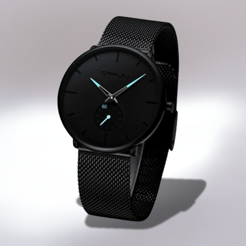 Montre Homme Quartz Noir Cadran Noir - Bracelet Acier, étanche 3ATM, Affichage Lumineux - Neuve Avec Boîte