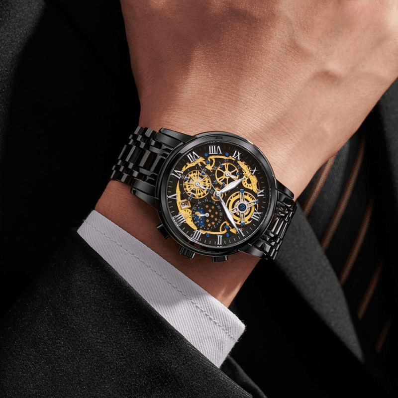 Montre Squelette Chronographe Luxe noir portée