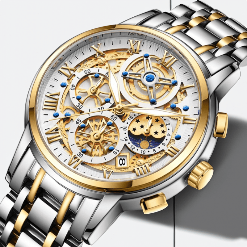 Montre Squelette Chronographe Luxe or en détail sur fond blanc