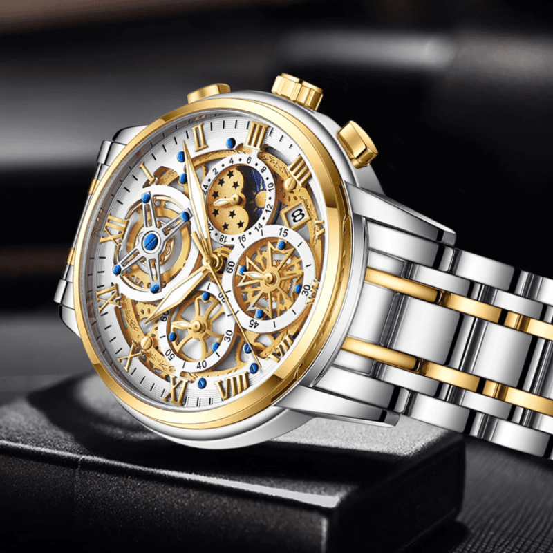 Montre Squelette Chronographe Luxe or sur présentoir