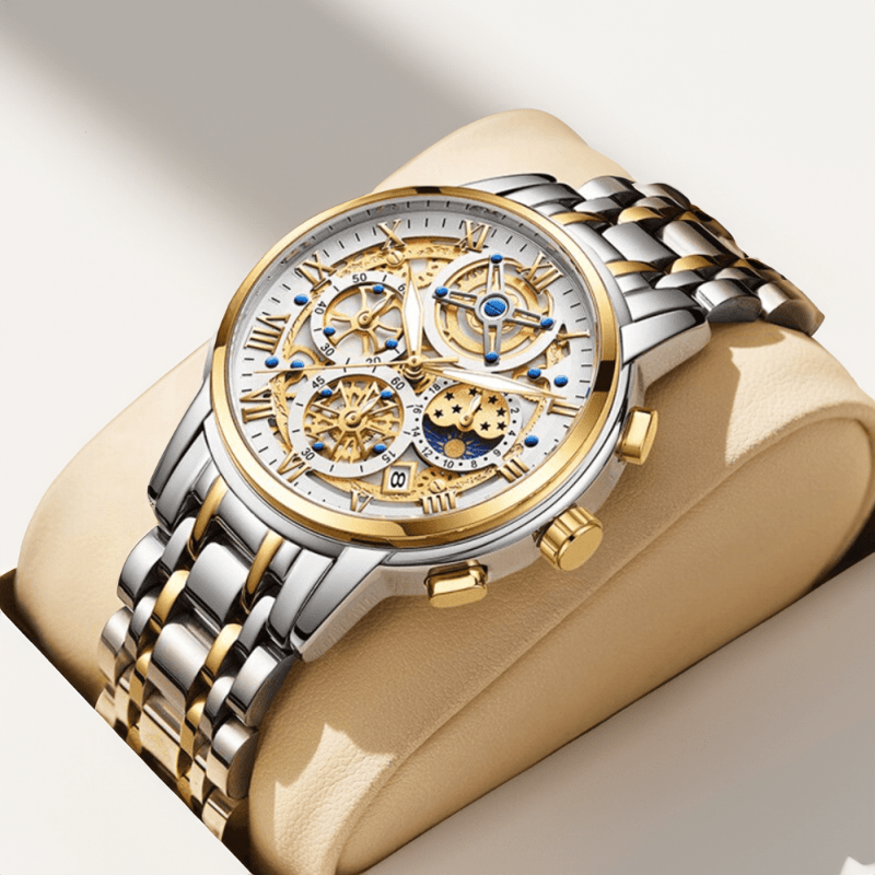 Montre Squelette Chronographe Luxe or sur présentoir de montre