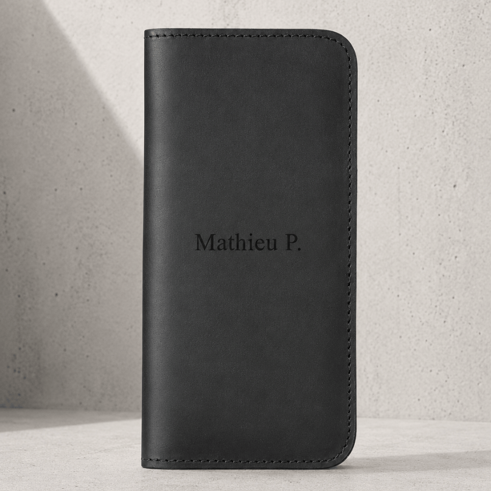 Portefeuille homme cuir personnalisé noir gravé d'un texte au choix