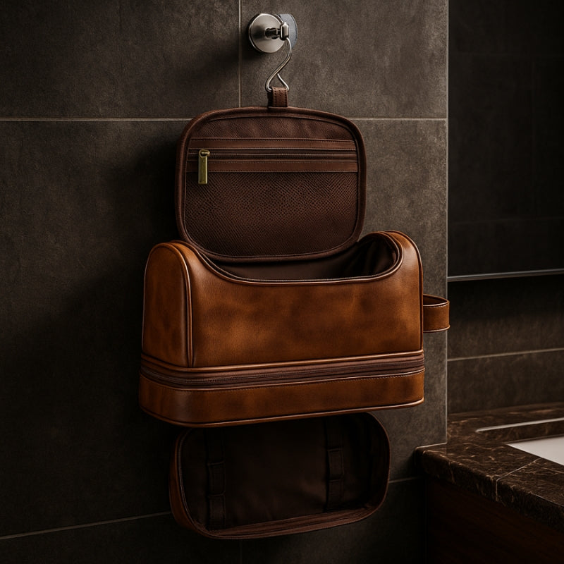 trousse de toilette homme cuir suspendue luxe marron double compartiment crochet