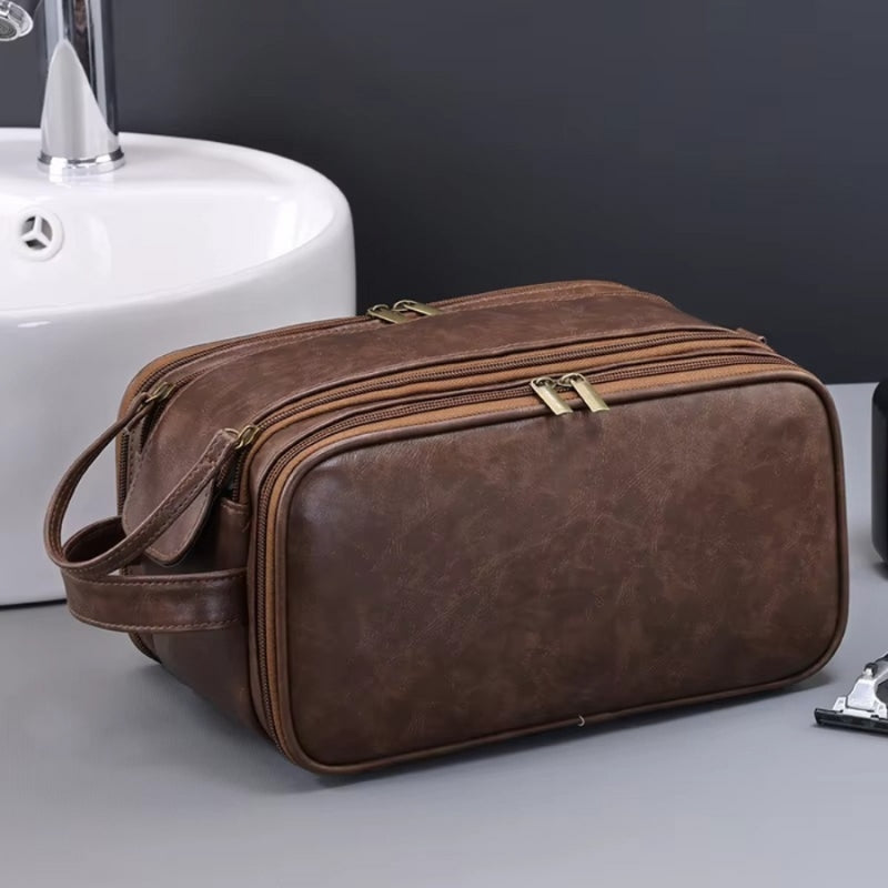 trousse de toilette homme cuir organisateur marron vintage finitions bronze
