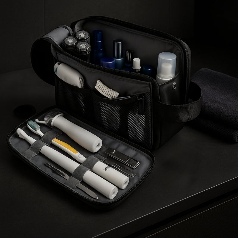trousse de toilette homme noire ouverte avec brosses à dents, tondeuse et accessoires