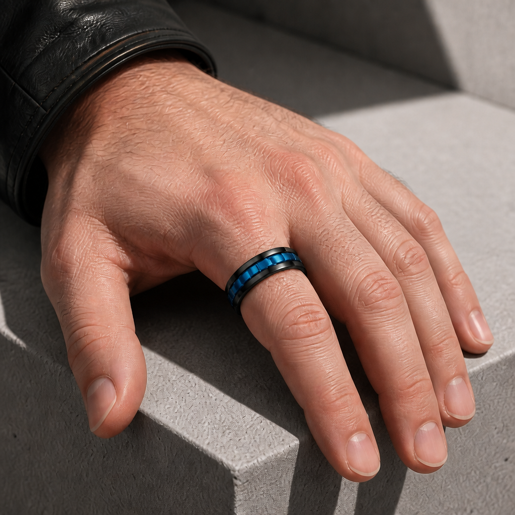 Bague anti-stress noire et bleue portée au doigt d'un homme en blouson de cuir