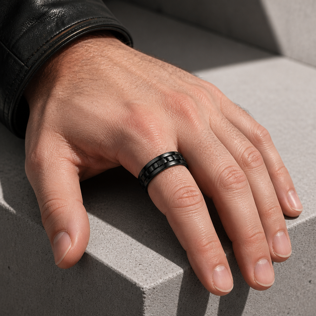Bague anti-stress noire portée au doigt d'un homme en blouson de cuir