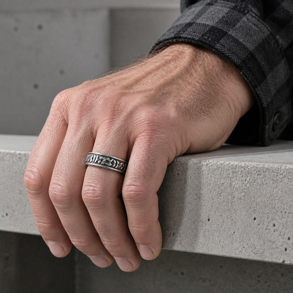 Bague viking argentée à runes portée à l'index d'un homme, main sur un rebord de béton