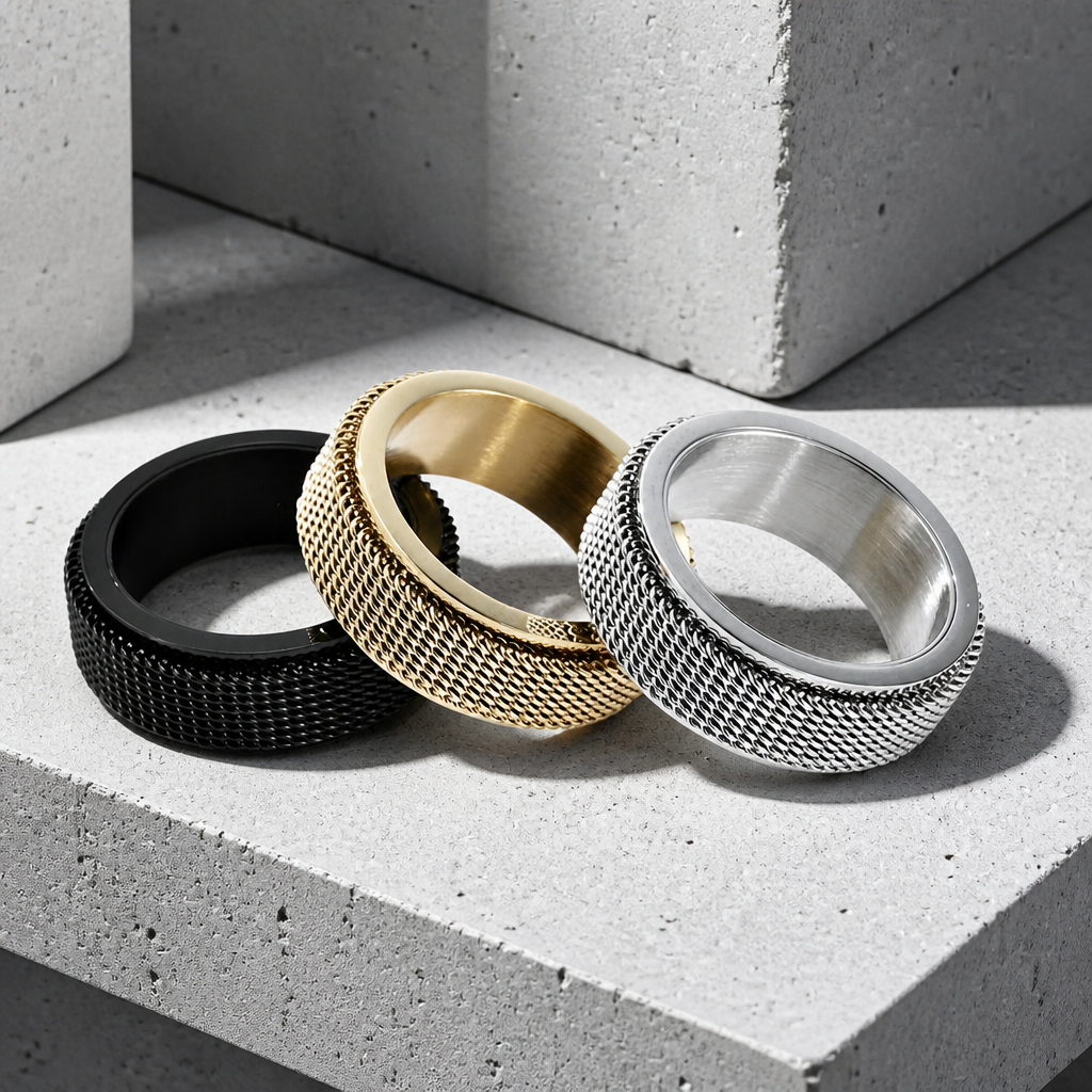 Les trois finitions de la bague à maille tressée : noir, doré et acier