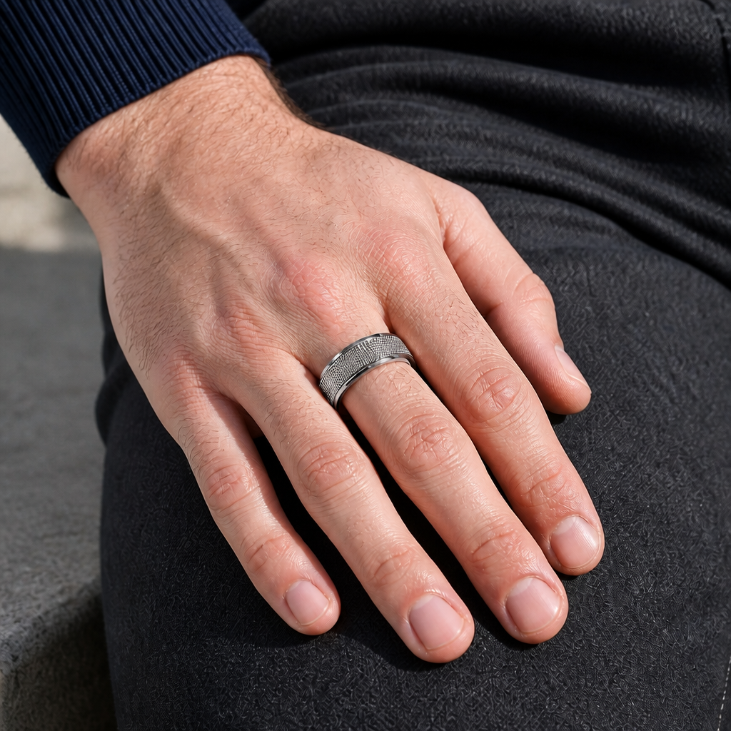 Bague à maille tressée acier portée à l'annulaire d'un homme, main sur la cuisse