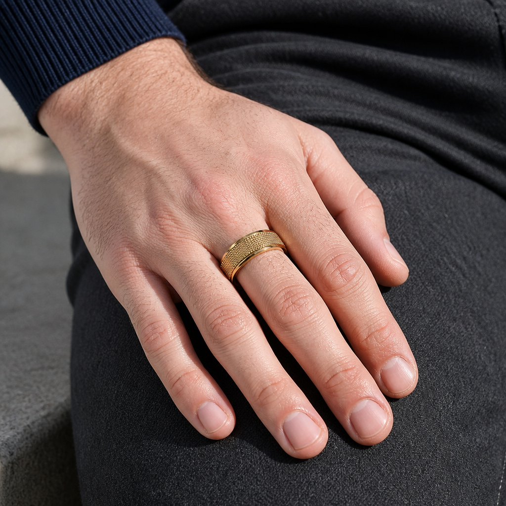Bague à maille tressée dorée portée à la main d'un homme