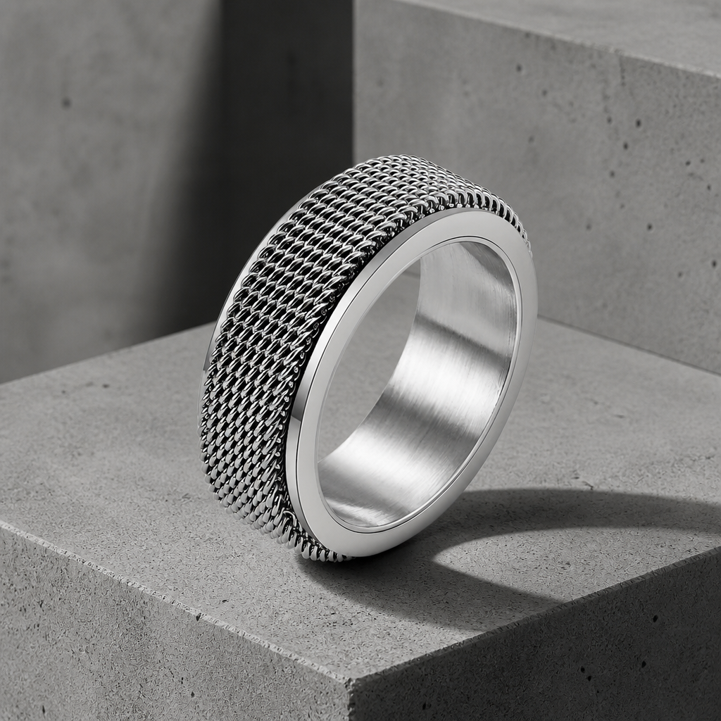 Bague d'anxiété homme en acier, bande de maille tressée tournante, posée sur du béton