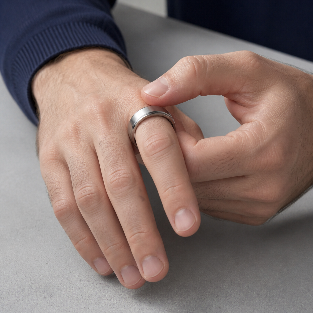 Homme faisant tourner du pouce l'anneau de sa bague anti-stress argentée