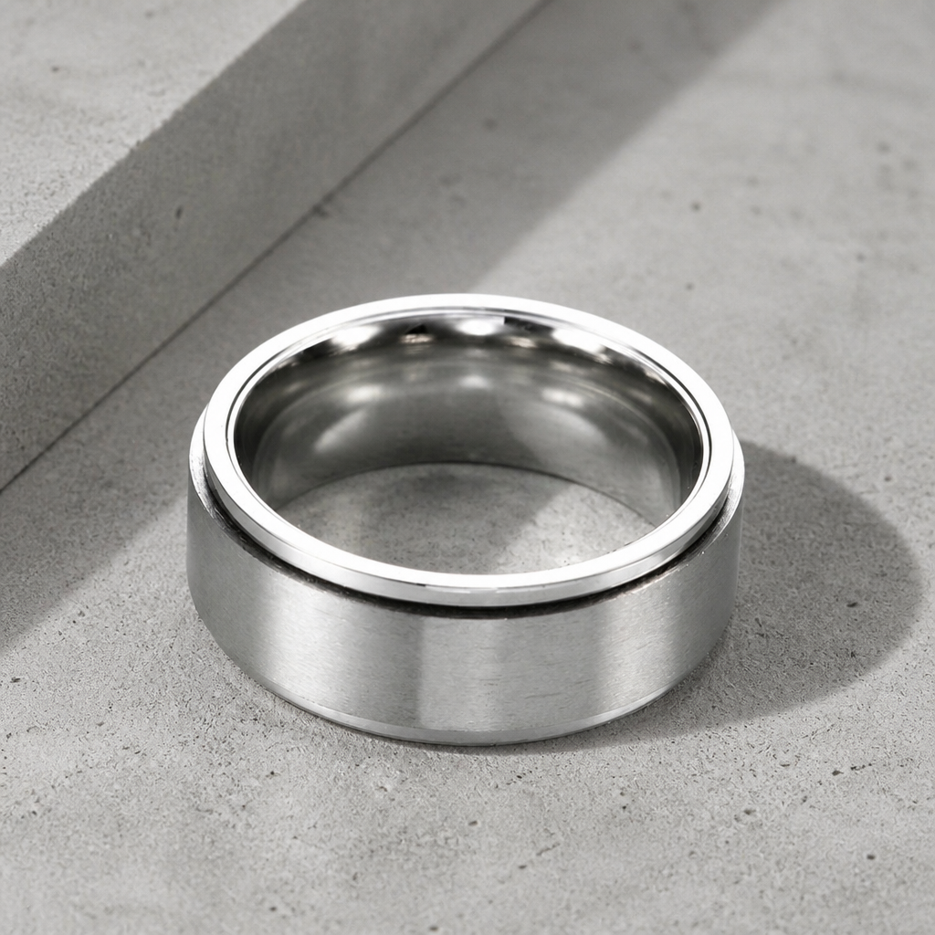 Bague à anneau tournant argentée à plat sur béton, finition brossée et rebords polis