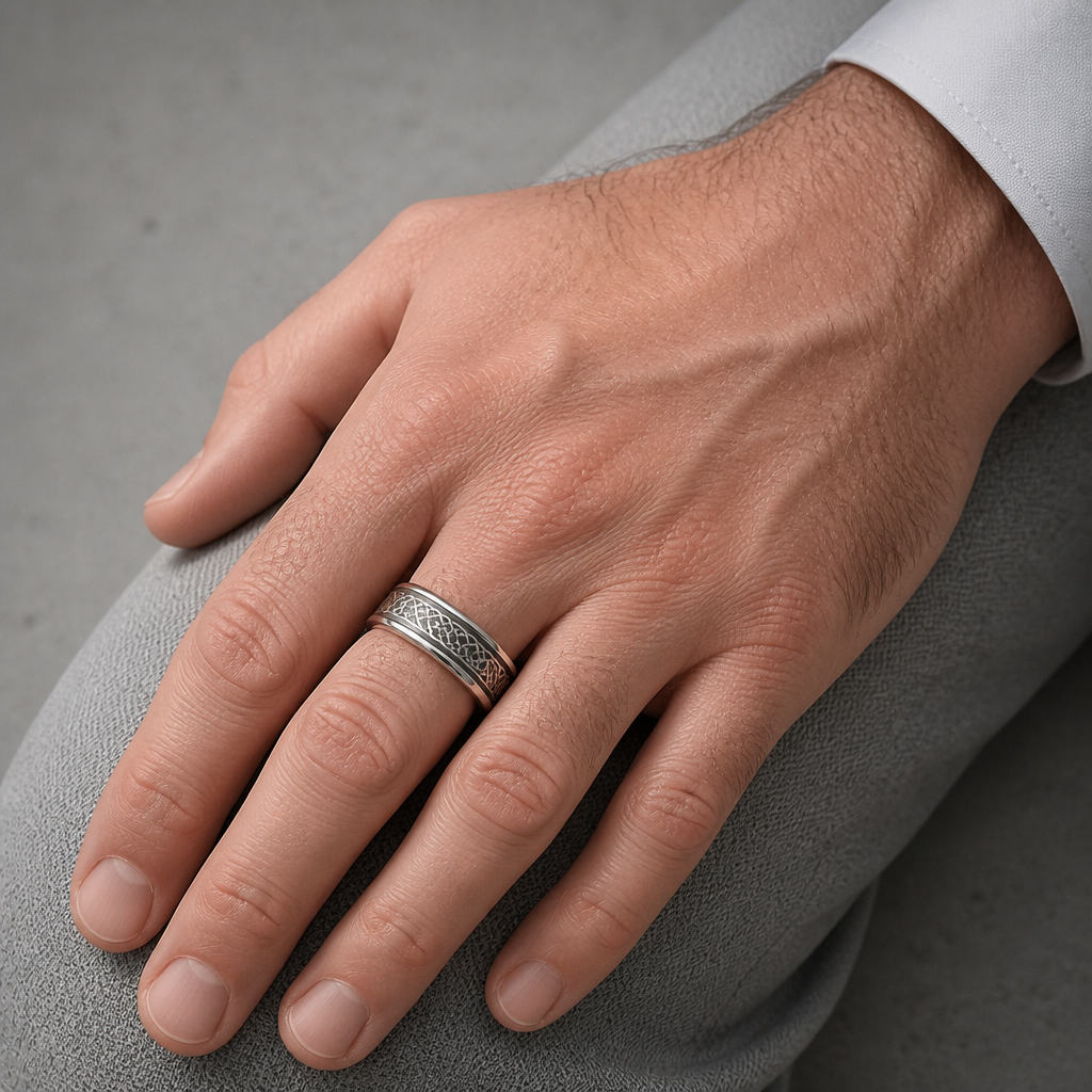 Bague argent celtique portée à l'annulaire d'un homme, main posée sur le genou