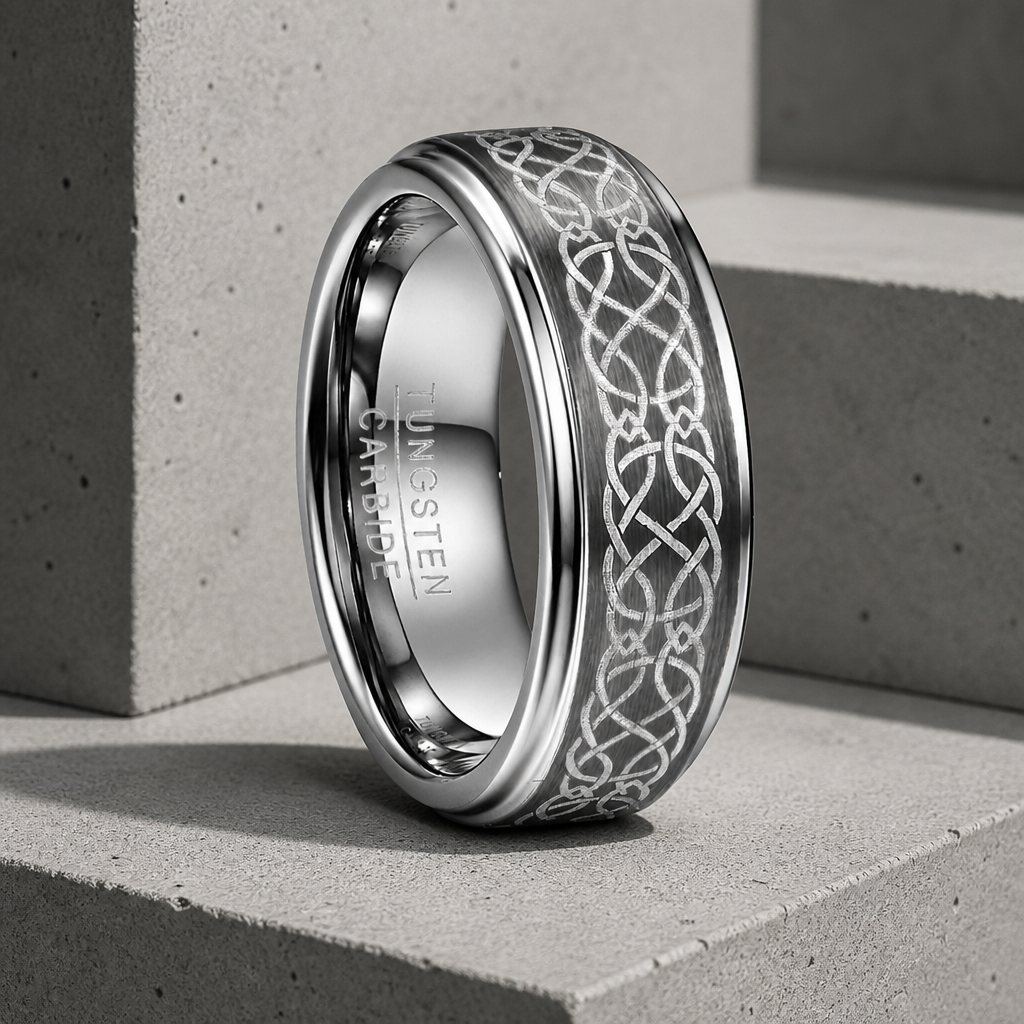 Bague argent celtique homme en tungstène, entrelacs gravés sur bande brossée, posée sur béton