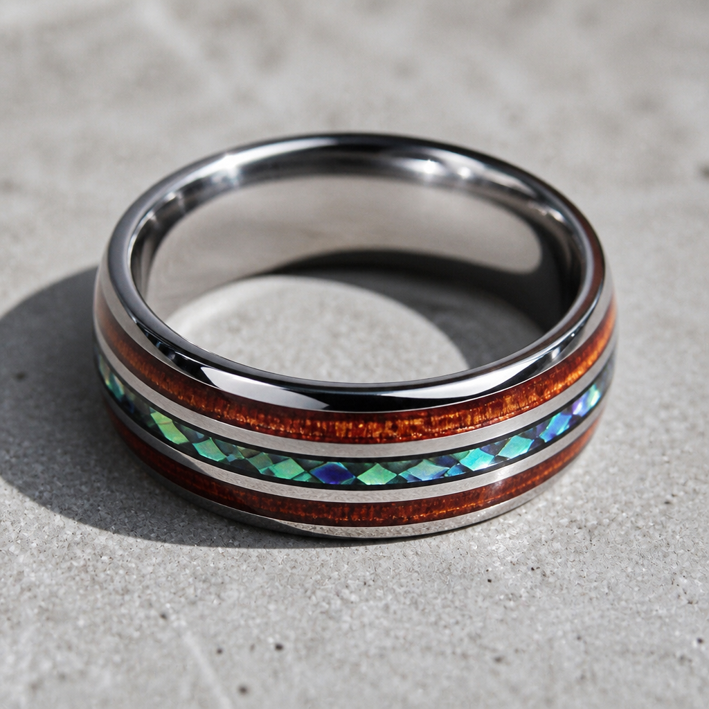 Détail du bois veiné et de la nacre aux reflets turquoise incrustés dans la bague en tungstène