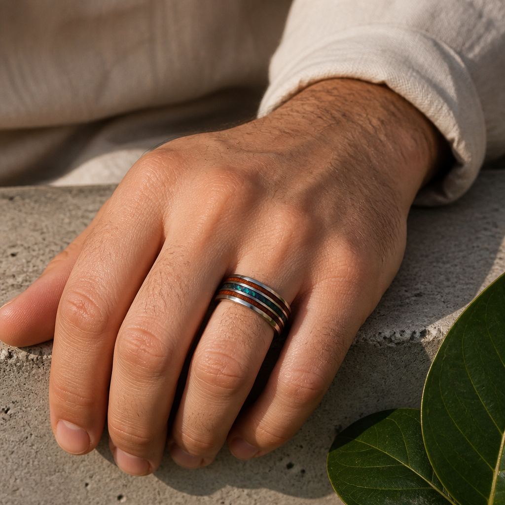 Bague bois et nacre portée à l'annulaire d'un homme, main posée près d'une feuille verte