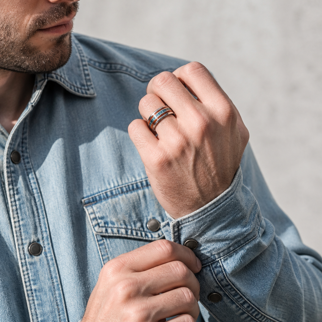 Homme en chemise en jean boutonnant sa manche, bague en tungstène bois et nacre au doigt