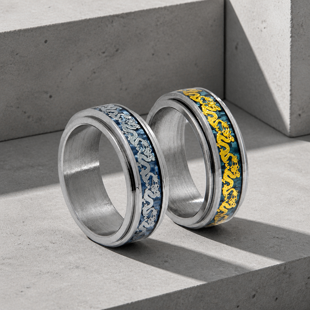 Des Finitions Exemplaires - Bague Dragon Homme Tournante, Frise de Dragons Chinois