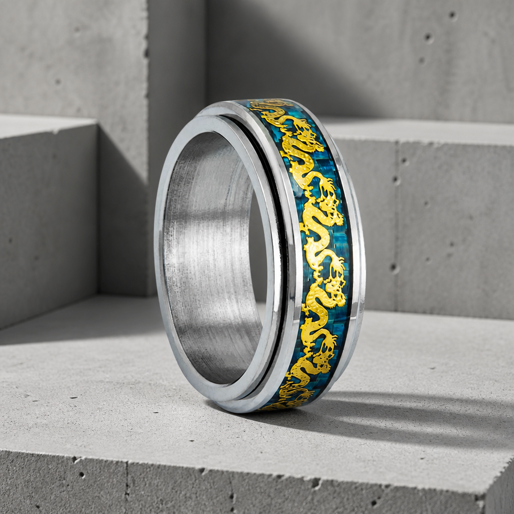Bague dragon homme en acier, frise de dragons dorés sur fond bleu-vert