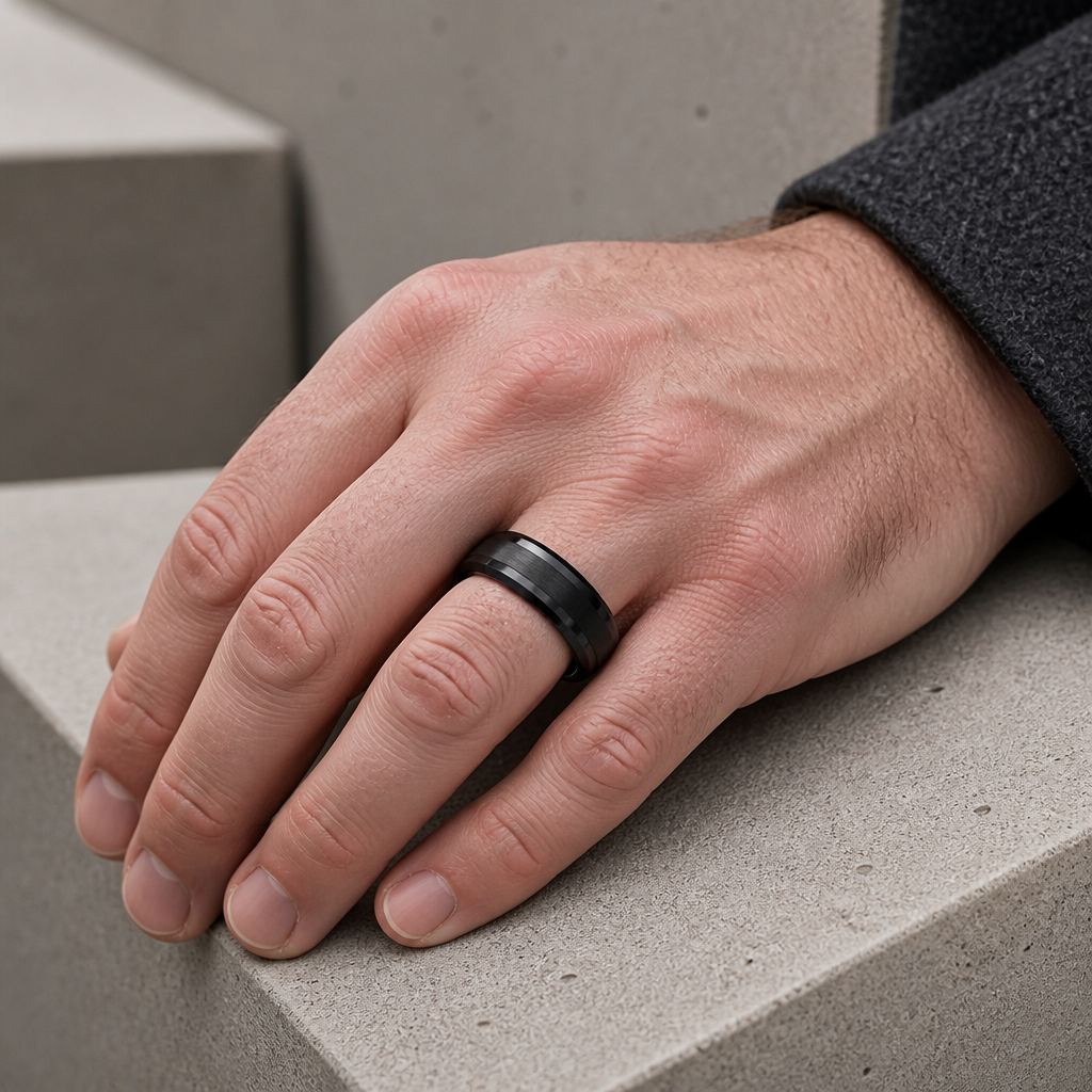 Bague noire en tungstène portée au doigt par un homme, main posée sur un bloc de béton