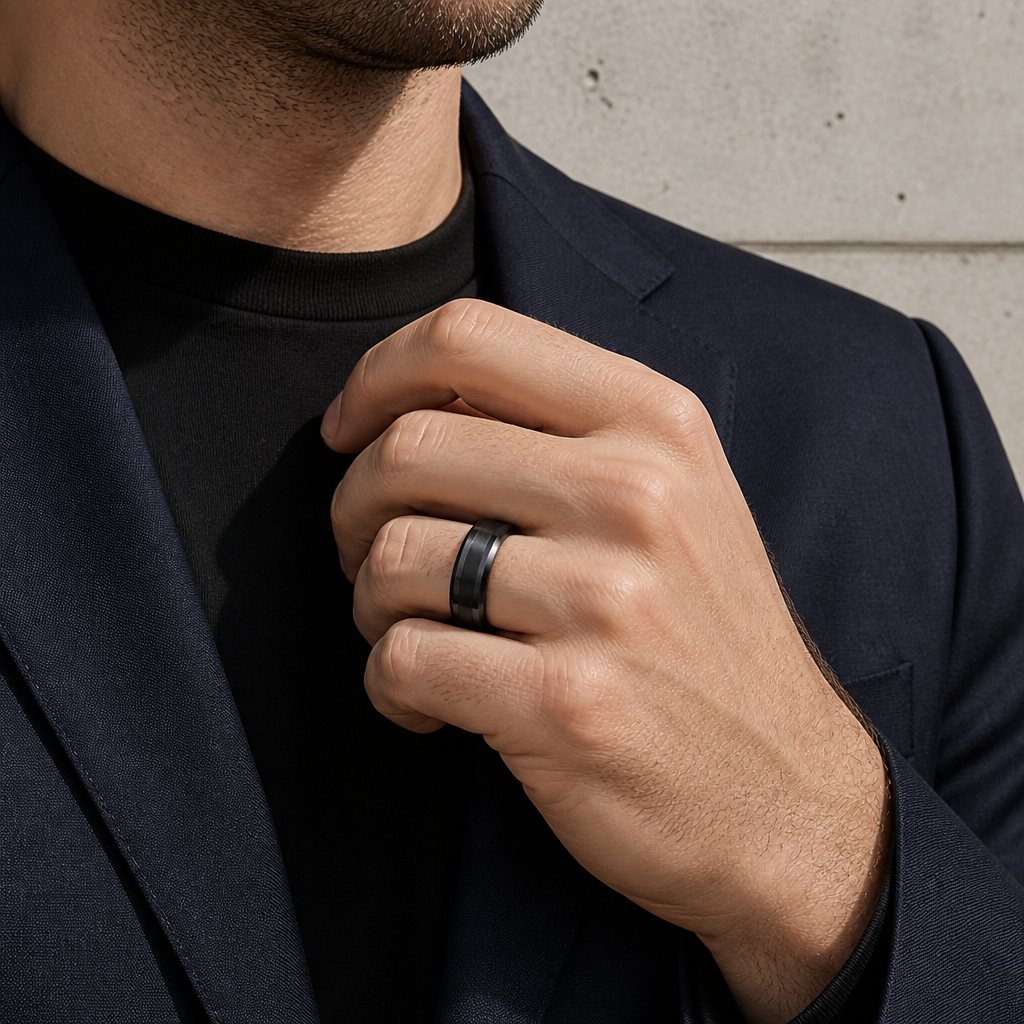 Homme en veste marine portant la bague noire en tungstène, main au revers de la veste