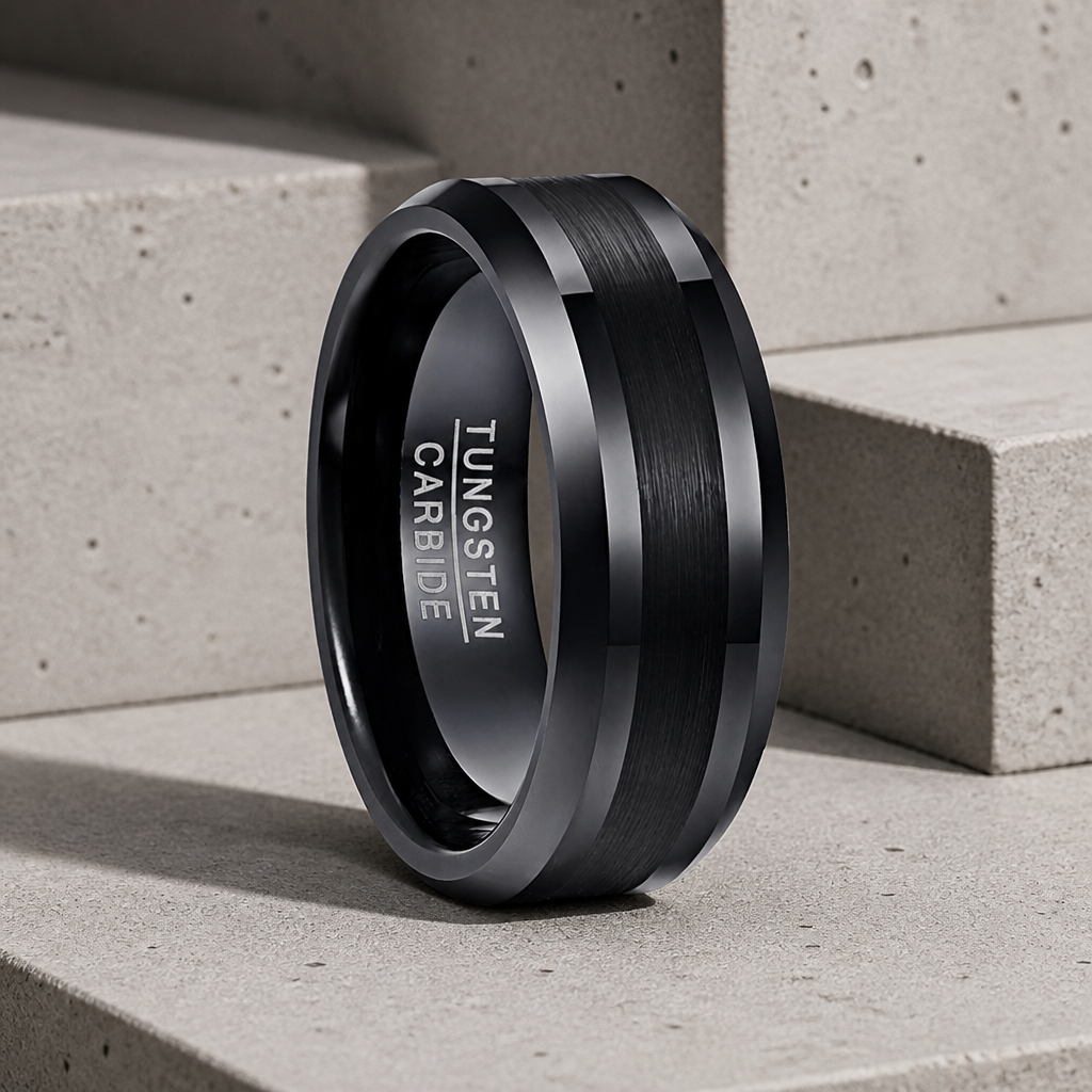 Bague noire homme en carbure de tungstène, centre brossé et biseaux polis, posée sur béton