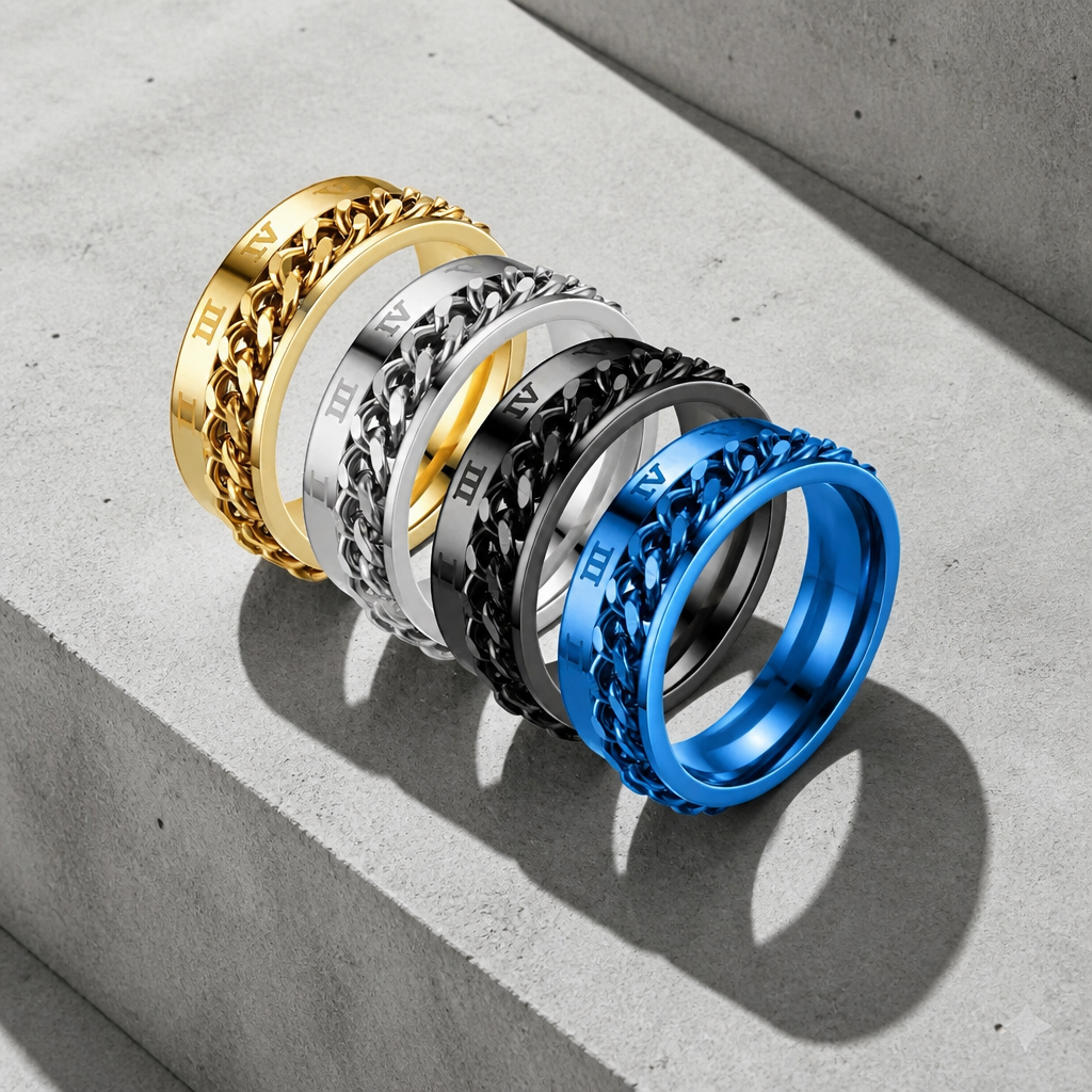 Les quatre finitions de la bague chaîne homme : doré, acier, noir et bleu
