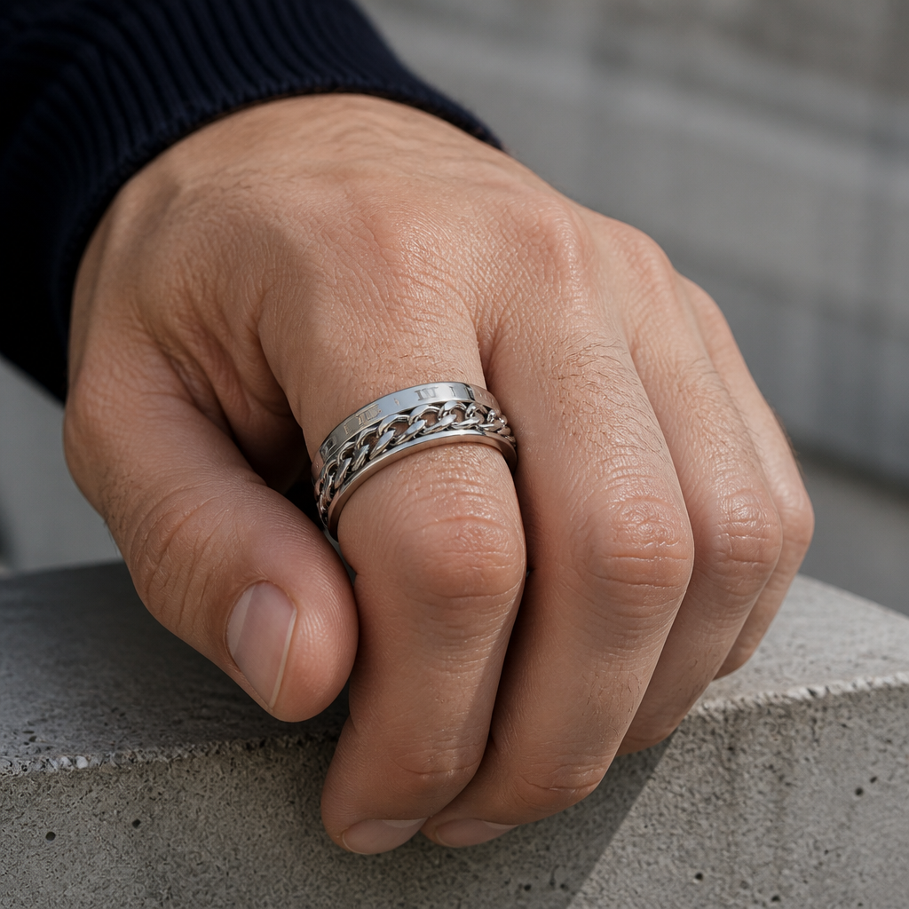 Bague chaîne acier poli portée au doigt d'un homme, main posée sur un bloc de béton