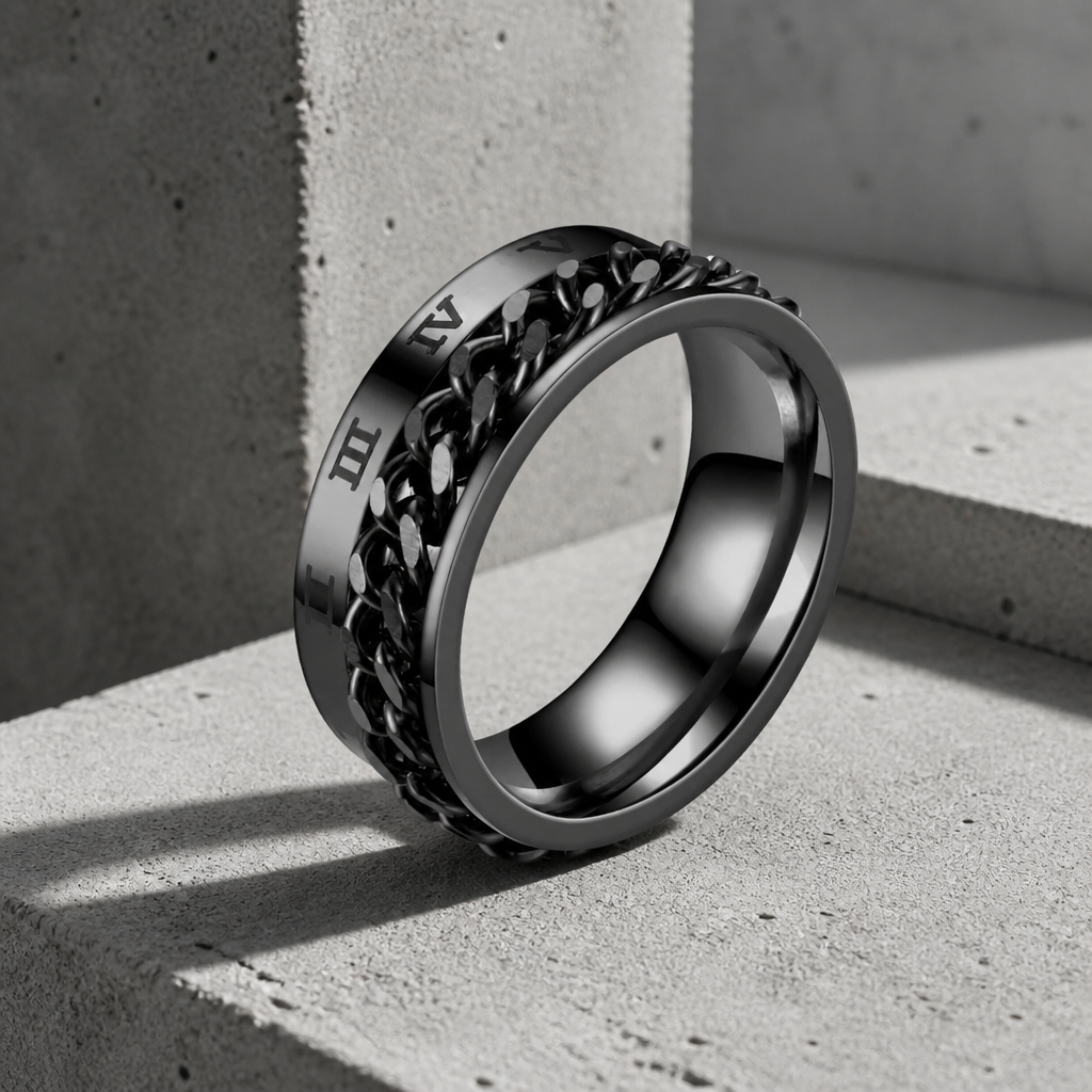 Bague homme chaîne noire, anneau et gourmette noirs, chiffres romains gravés