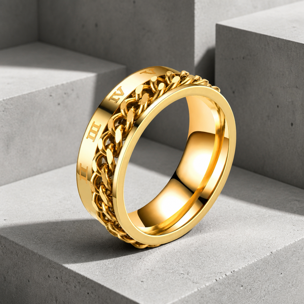 Bague homme chaîne finition dorée, gourmette dans la rainure centrale