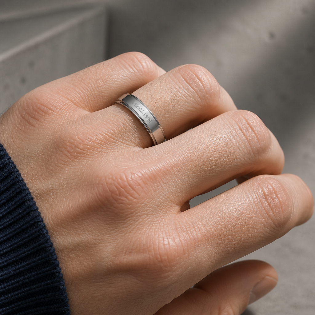 Bague gravée acier portée à l'annulaire d'un homme, date lisible sur le dessus