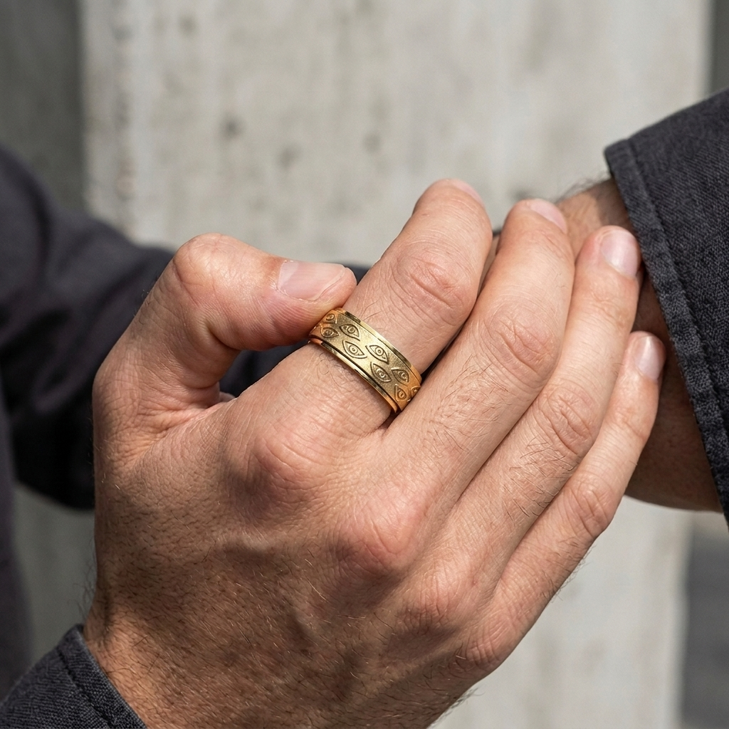 Bague tournante dorée portée au doigt, pouce sur la bande gravée
