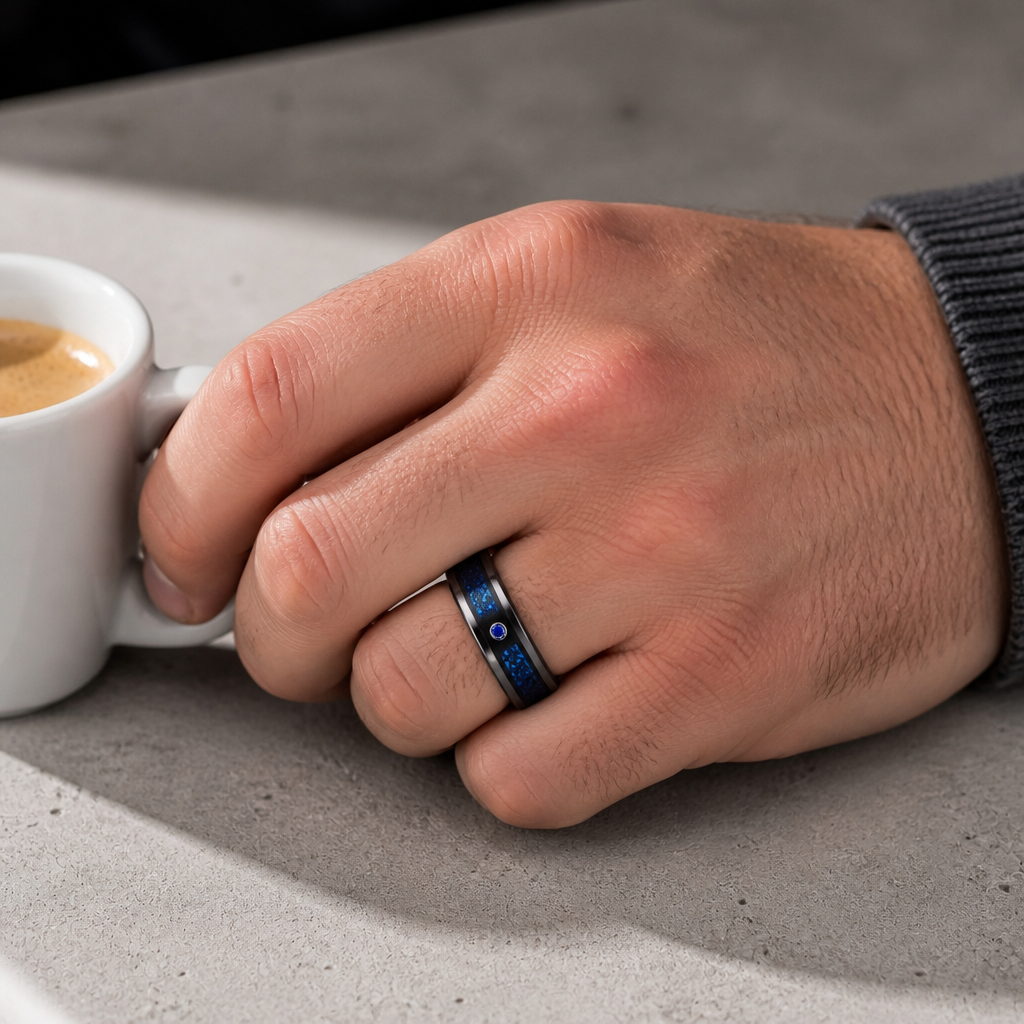 Bague noire et bleue à motif celtique portée au doigt d'un homme tenant une tasse de café