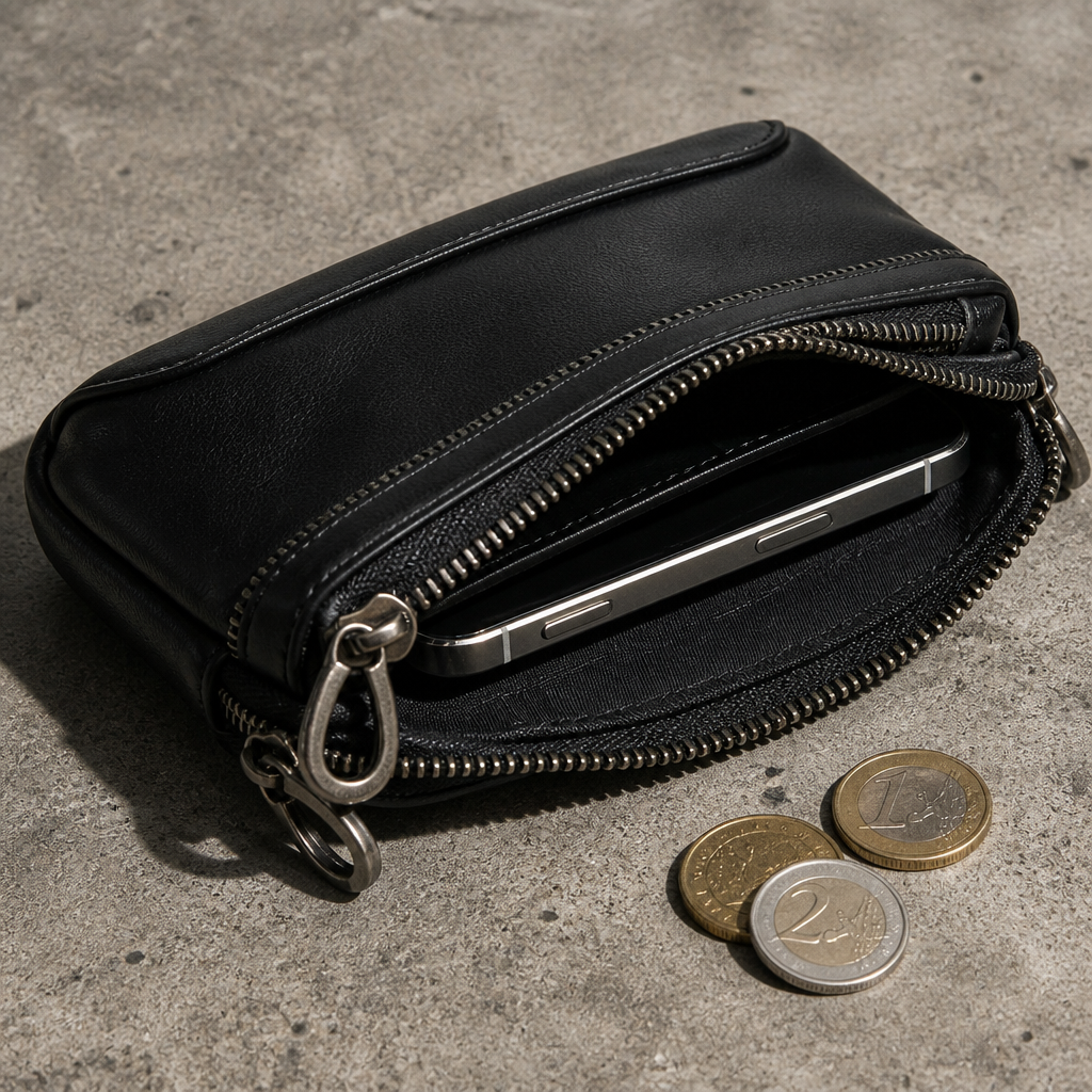 Banane porte monnaie en cuir noir ouverte, téléphone et pièces à l'intérieur