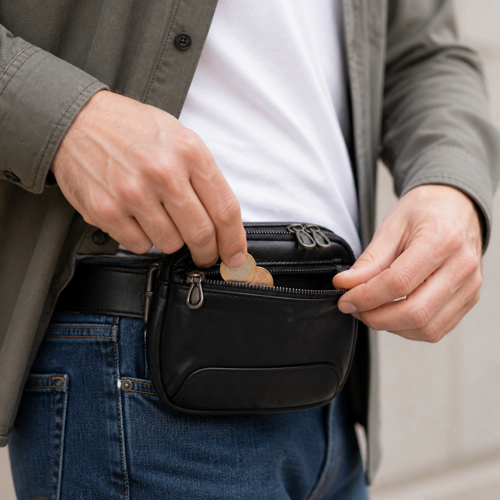 Des Finitions Exemplaires - Banane Porte Monnaie Homme en Cuir Véritable Noir