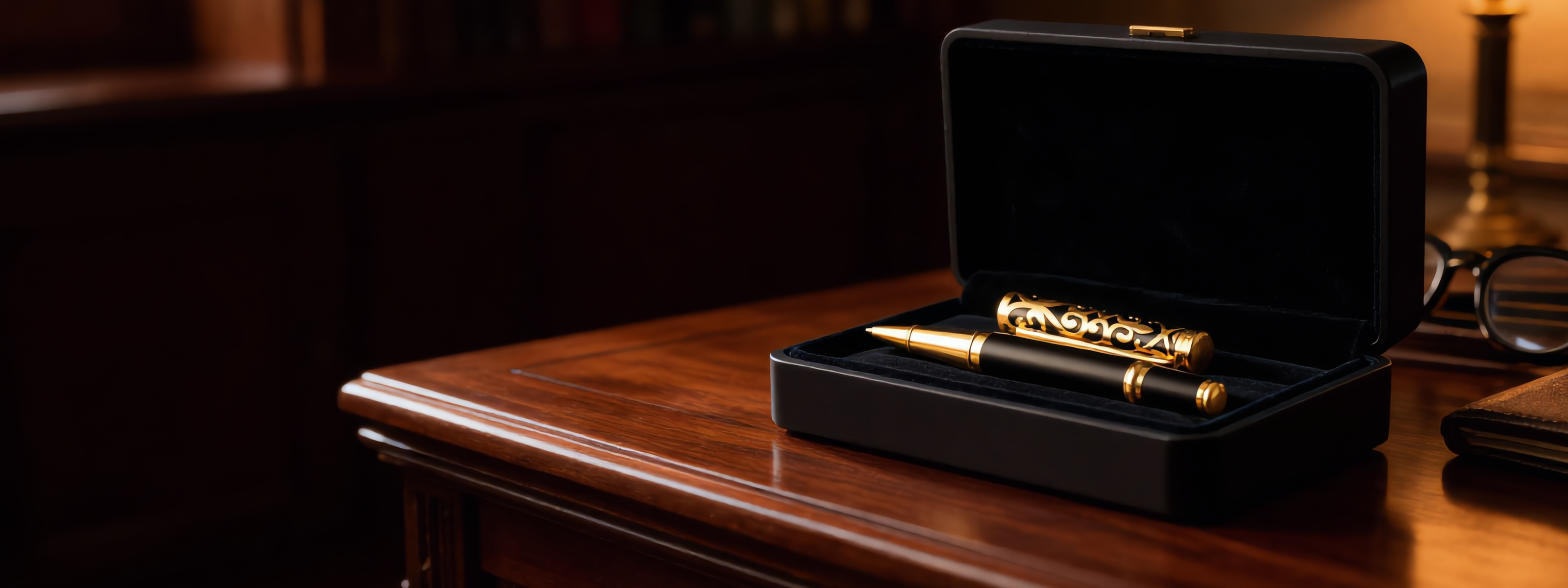 Stylo homme noir et doré présenté dans son coffret cadeau ouvert sur un bureau en bois