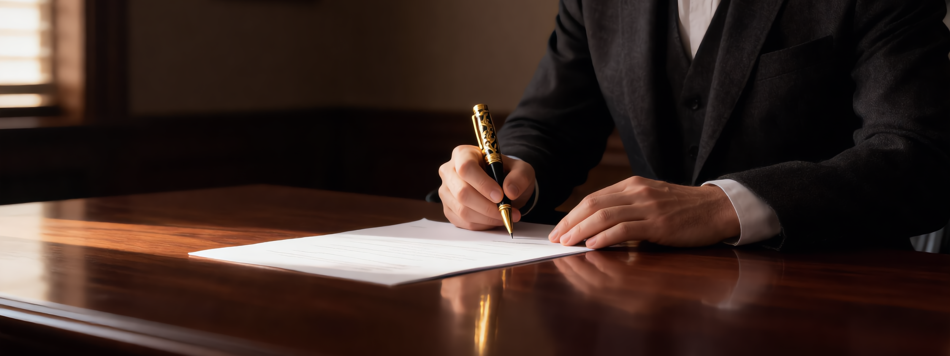 Homme en costume signant un document avec un stylo homme noir et doré LBDH