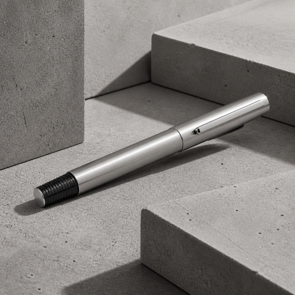 Beau stylo plume homme minimaliste en acier inoxydable argent, posé sur du béton