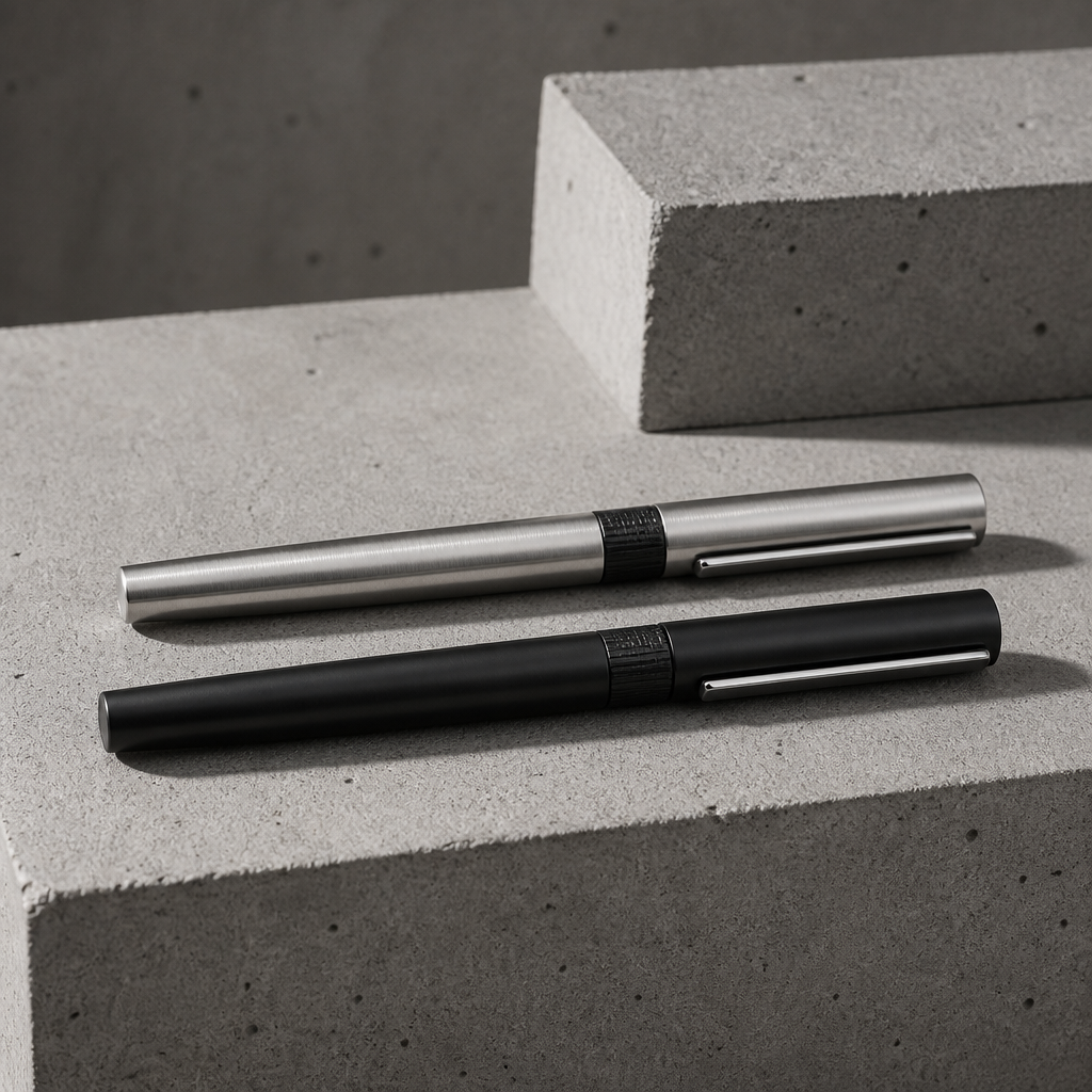 Stylo plume homme en deux finitions, acier argent et noir mat, côte à côte