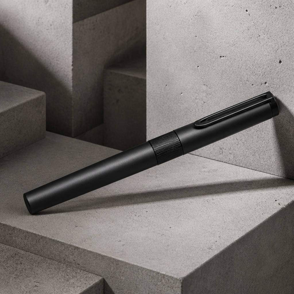 Stylo plume homme minimaliste en noir mat sur fond de béton brut