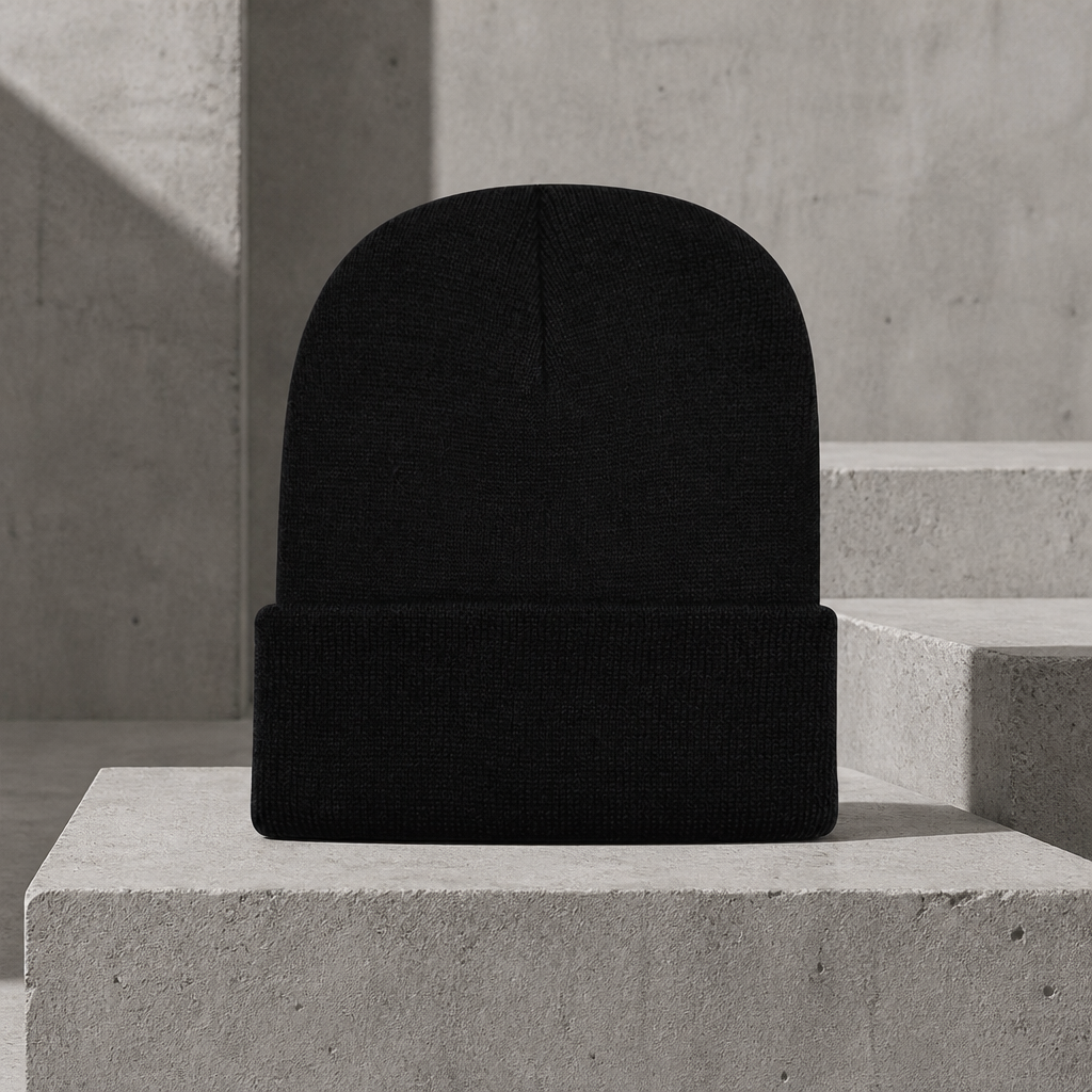 Bonnet à revers homme noir, beanie en maille côtelée unie