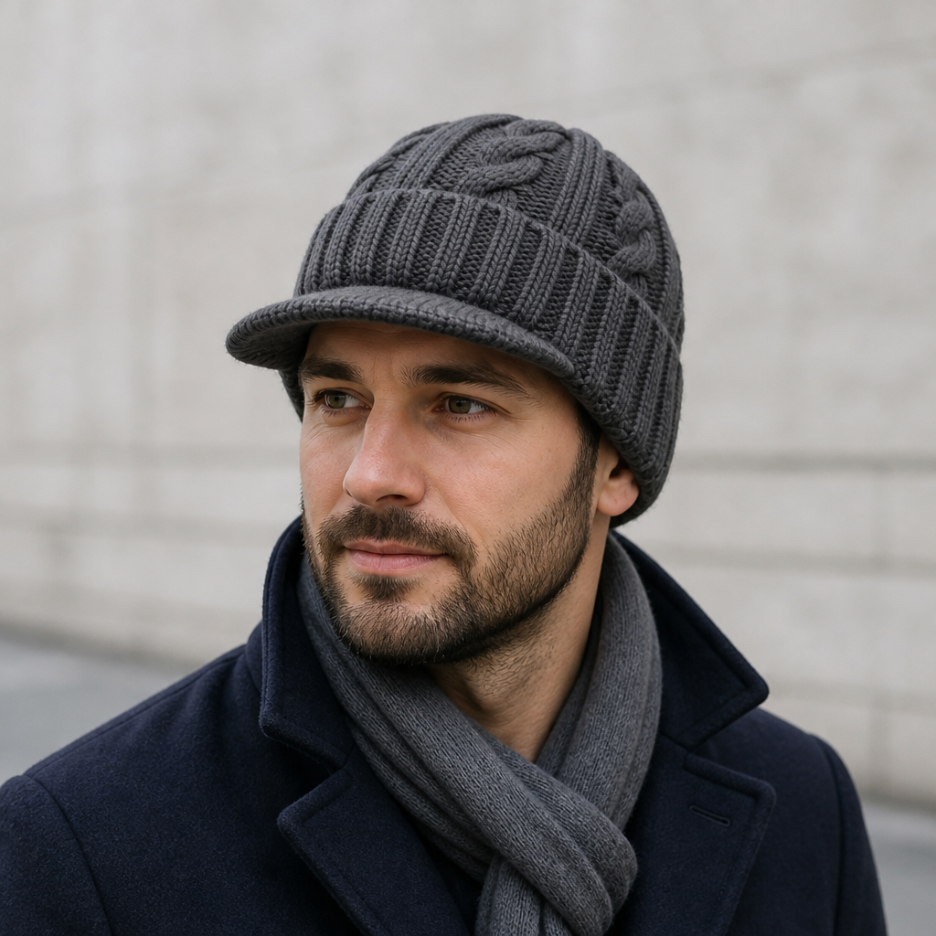 Homme portant le bonnet à visière gris foncé en maille torsadée avec un manteau marine