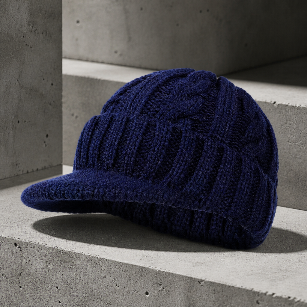Bonnet à visière homme bleu marine en maille torsadée, vu de trois quarts