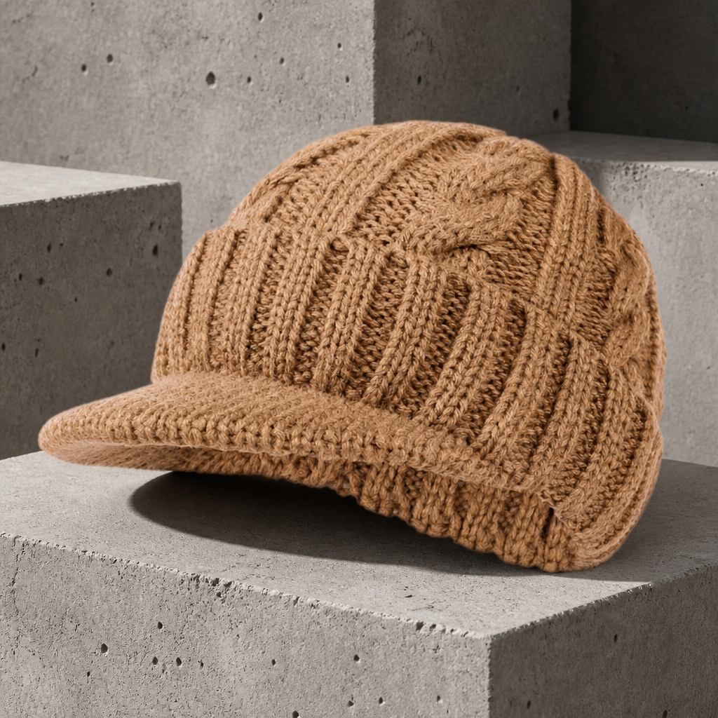 Bonnet à visière homme camel en maille torsadée, torsades en relief sur la calotte