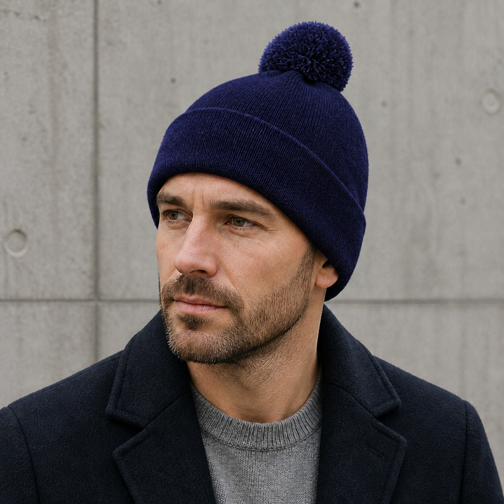 Homme portant le bonnet à pompon bleu marine devant un mur de béton